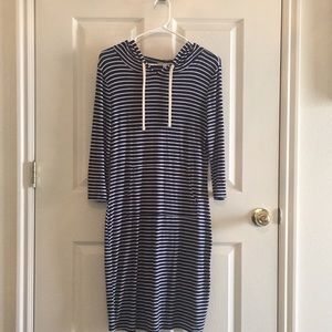 Long sleeved navy striped hooded dress